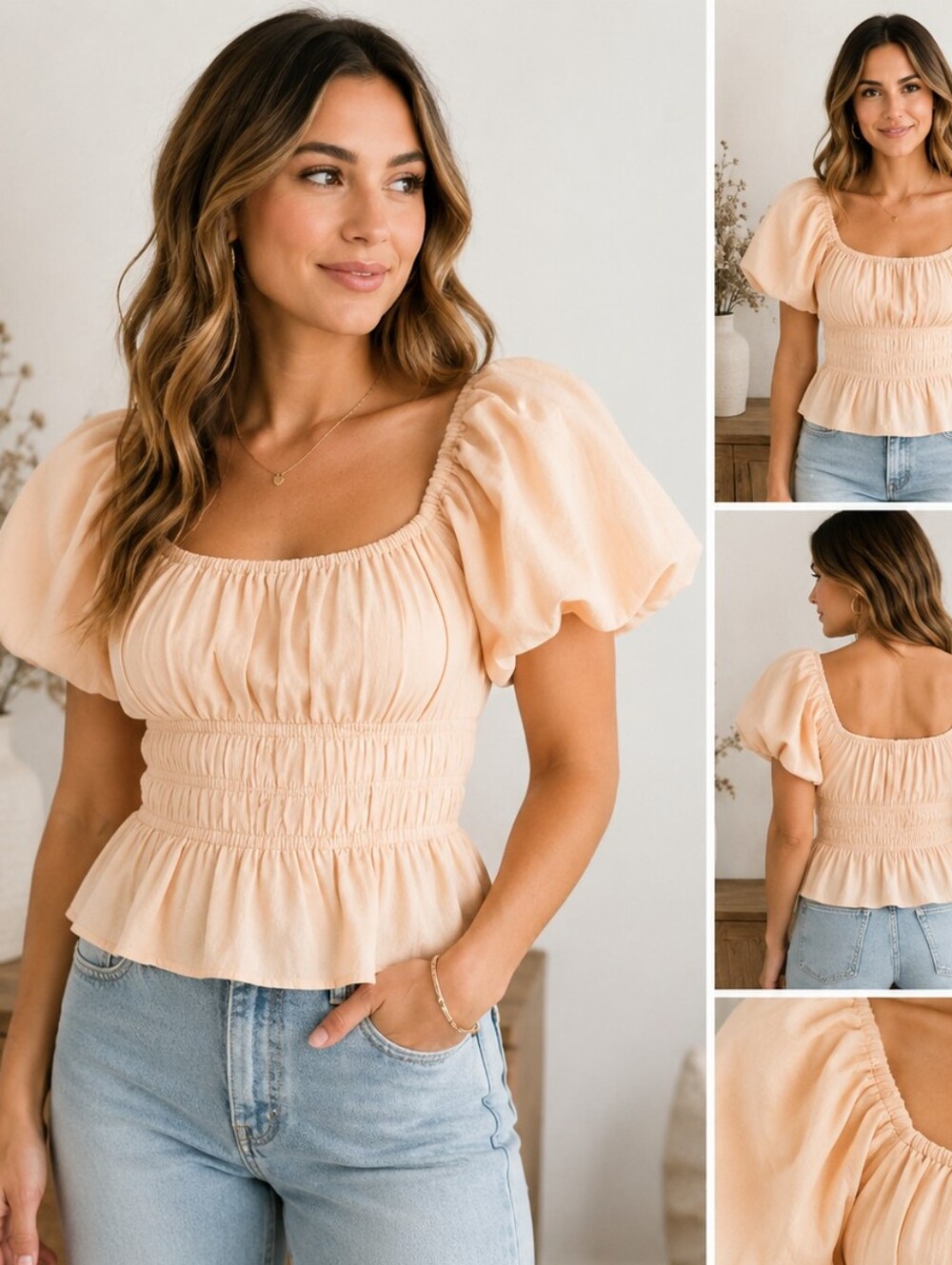 367-Cotton Candy Peach Puff-Sleeve Smocked Peasant Top